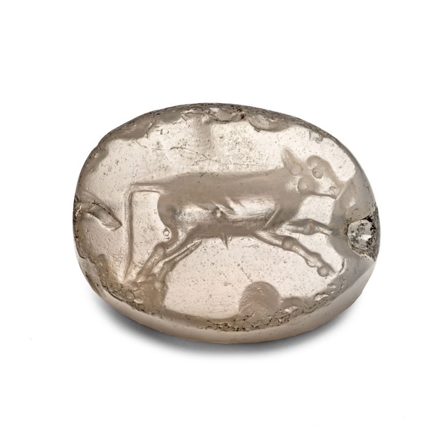 Graeco-Persian Chalcedony Scaraboid with Leaping Calf