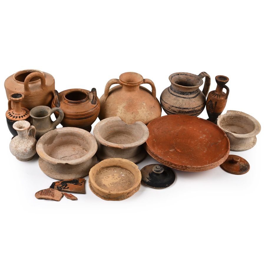 Greek Collection of Terracotta Vessels and Bases