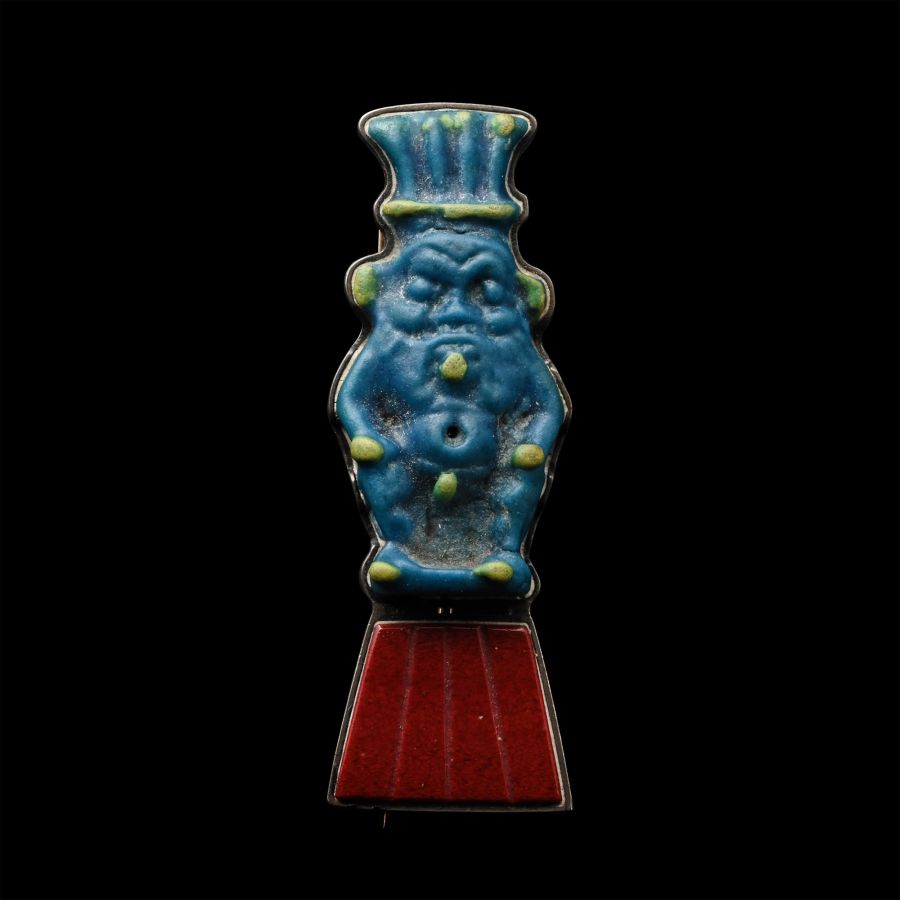 Egyptian Polychrome Faience Amulet of the God Bes Fashioned as a Dress Pin