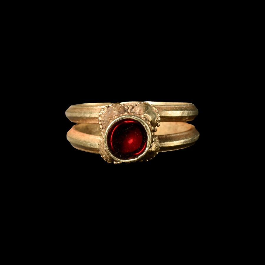Byzantine Electrum Architectural Ring with Flat Bed Garnet