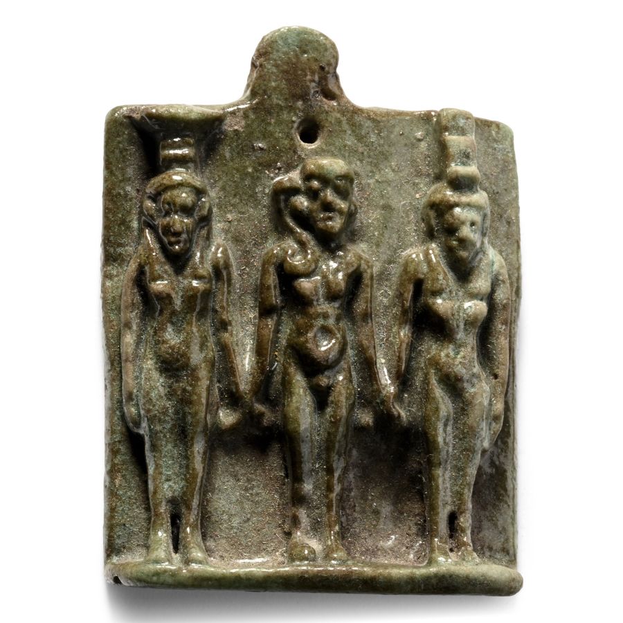 Large Egyptian Green Glazed Faience Triad Amulet
