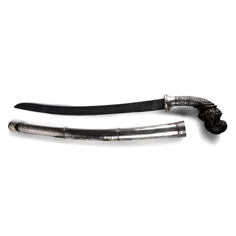 Indonesian Iron Sword with Carved Wooden Handle in Scabbard