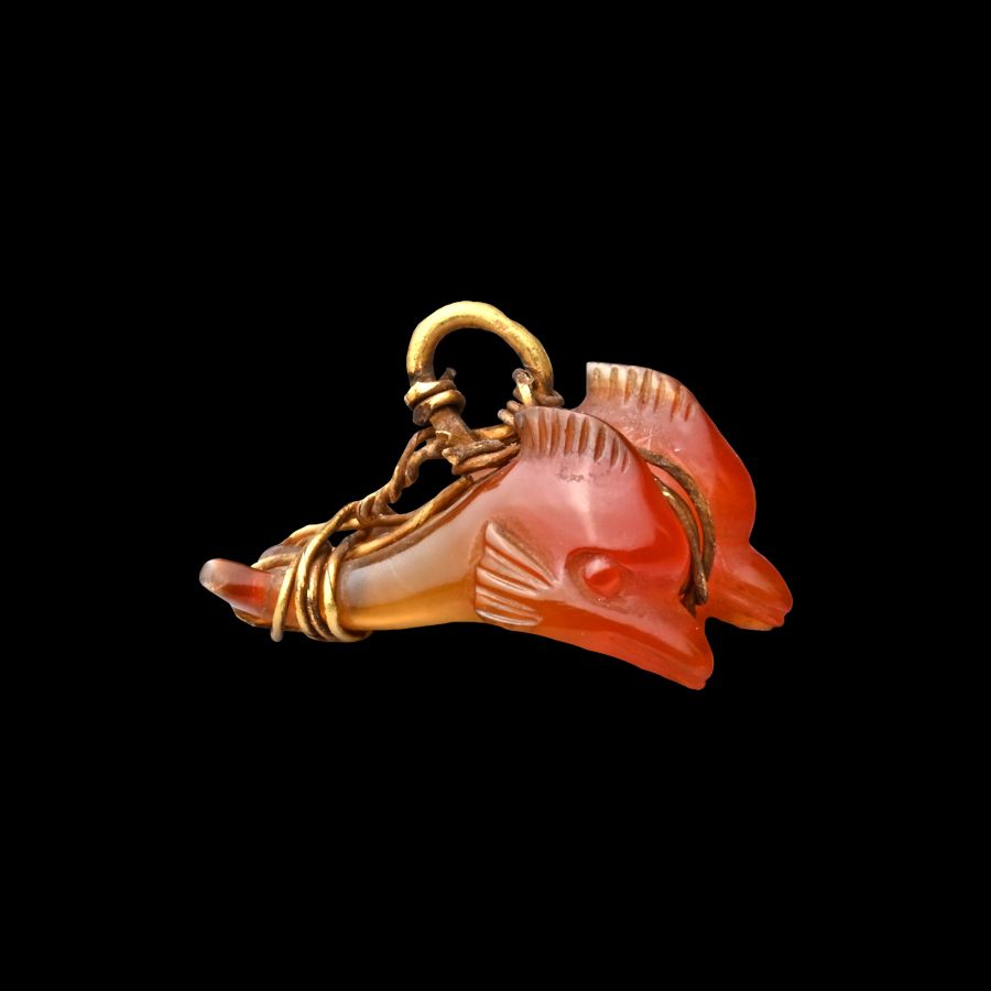 Greek Carnelian Dolphin Amulet with Gold Loops