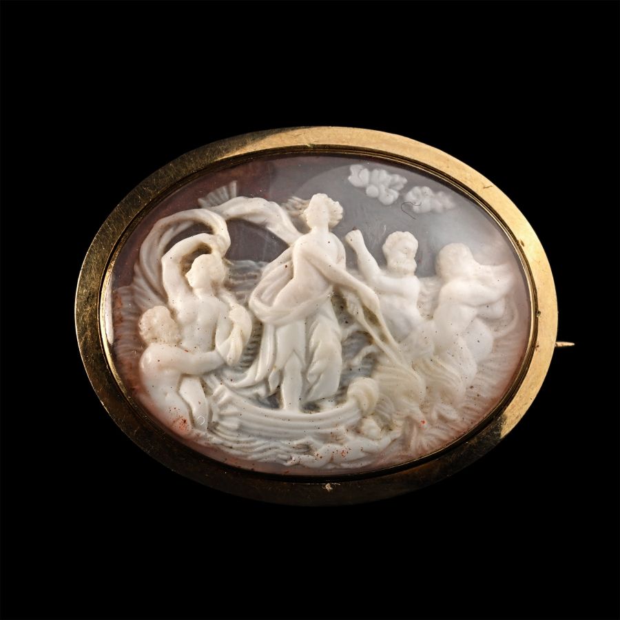 Renaissance Shell Cameo of the Triumph of Galatea, after Raphael, in a Later Gold Brooch