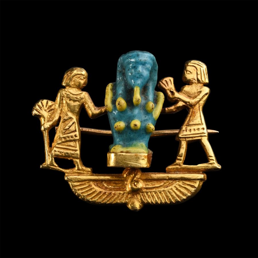Egyptian Polychrome Faience Amulet in Revival Gold Brooch