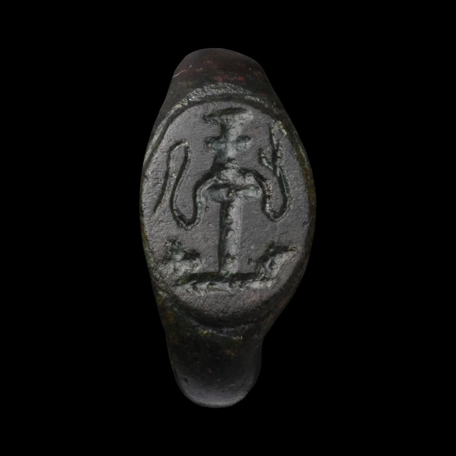 Late Roman Bronze Ring with Serpent on a Pedestal