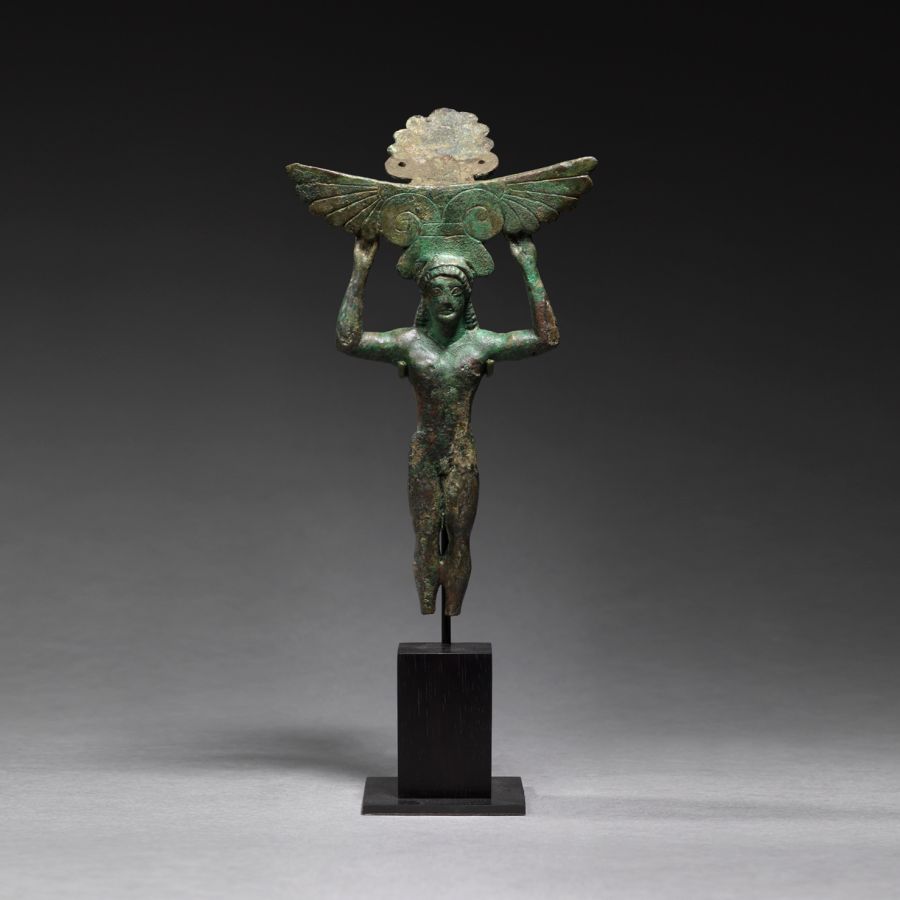 Greek Bronze Patera Handle in the form of a Naked Youth