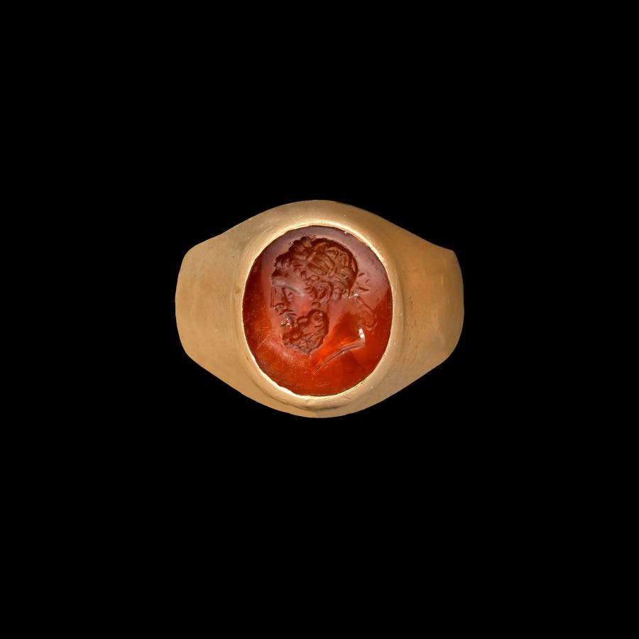 Roman Carnelian Gemstone of Hercules in Later Gold Ring