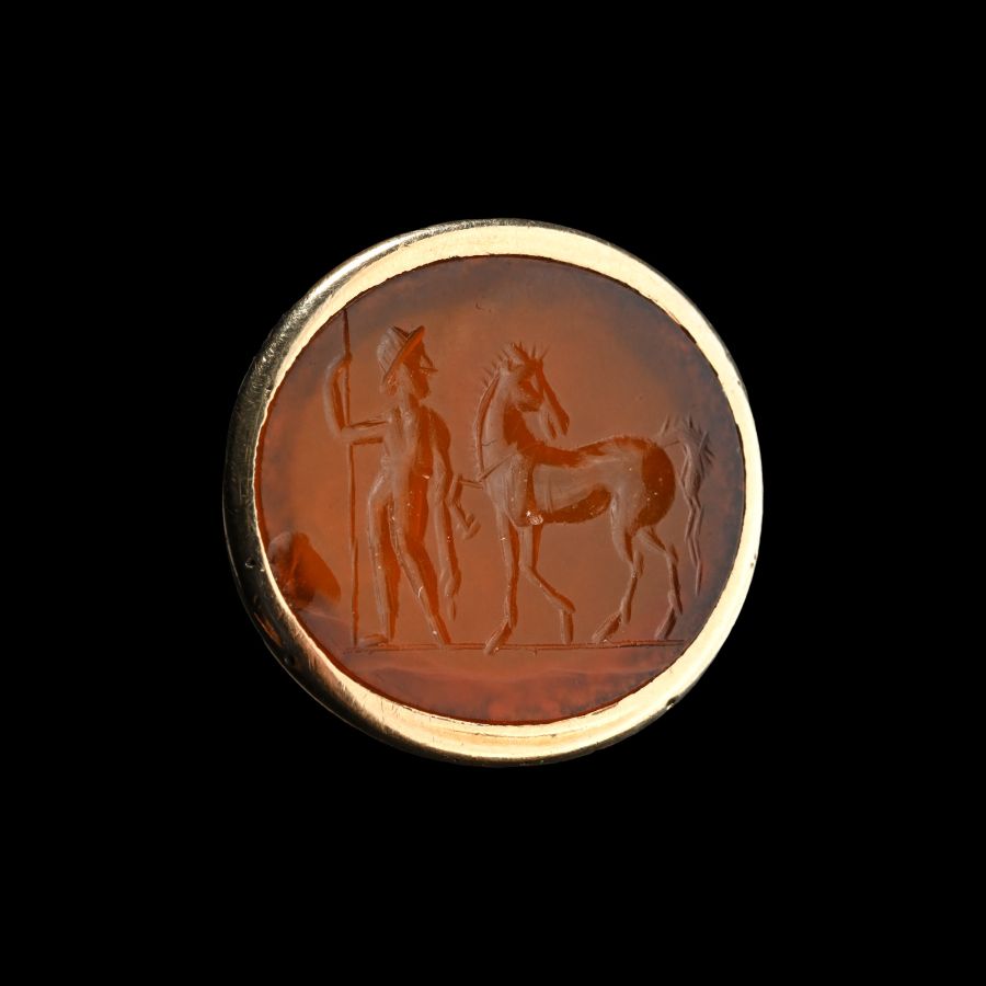 Roman Carnelian Intaglio of a Warrior and Horse in a Later Gold Ring