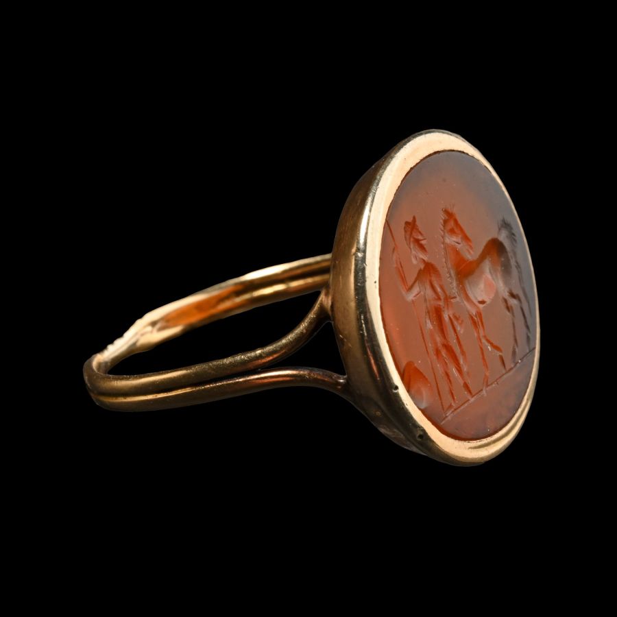 Roman Carnelian Intaglio of a Warrior and Horse in a Later Gold Ring