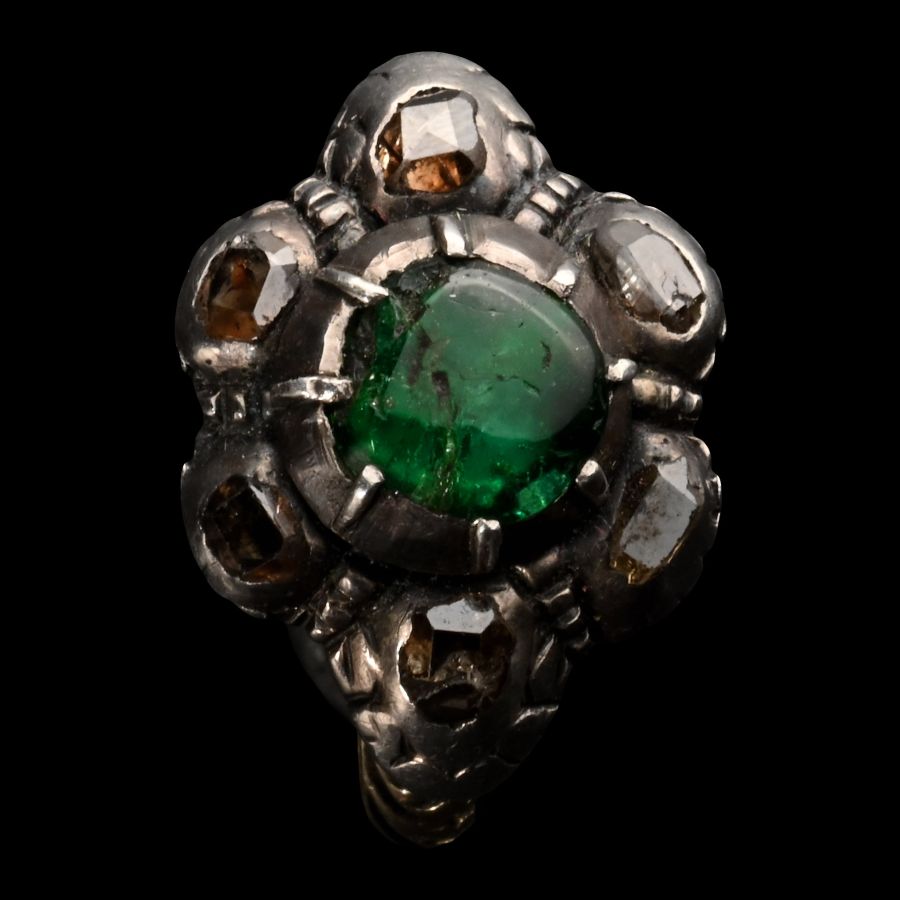 Baroque Gold and Silver Diamond and Emerald Ring
