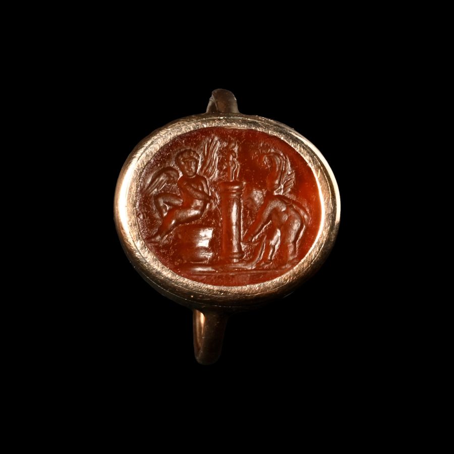 Roman Carnelian Gemstone of Two Erotes Flanking a Column in a Nineteenth-Century Gold Ring