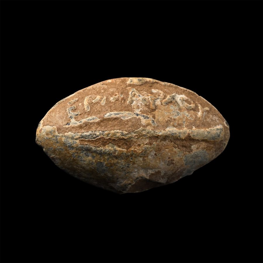 Greek Lead Slingshot Inscribed HERMARCHOY Above Lance Tip