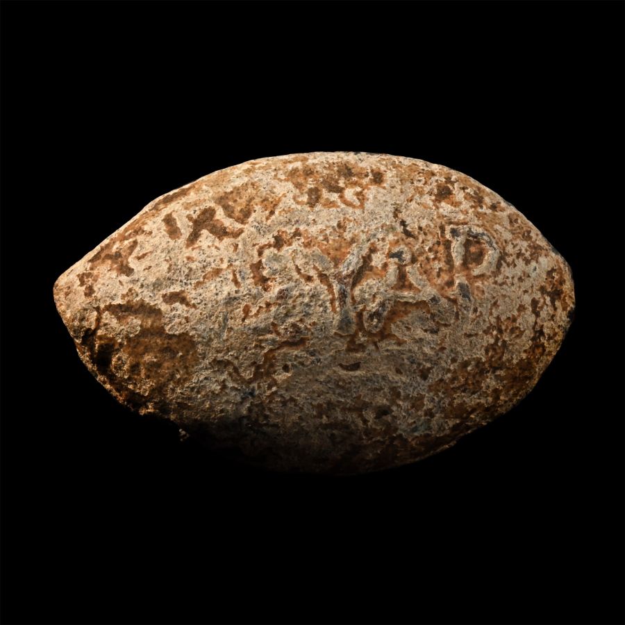 Greek Lead Slingshot inscribed EYAP//MANHC