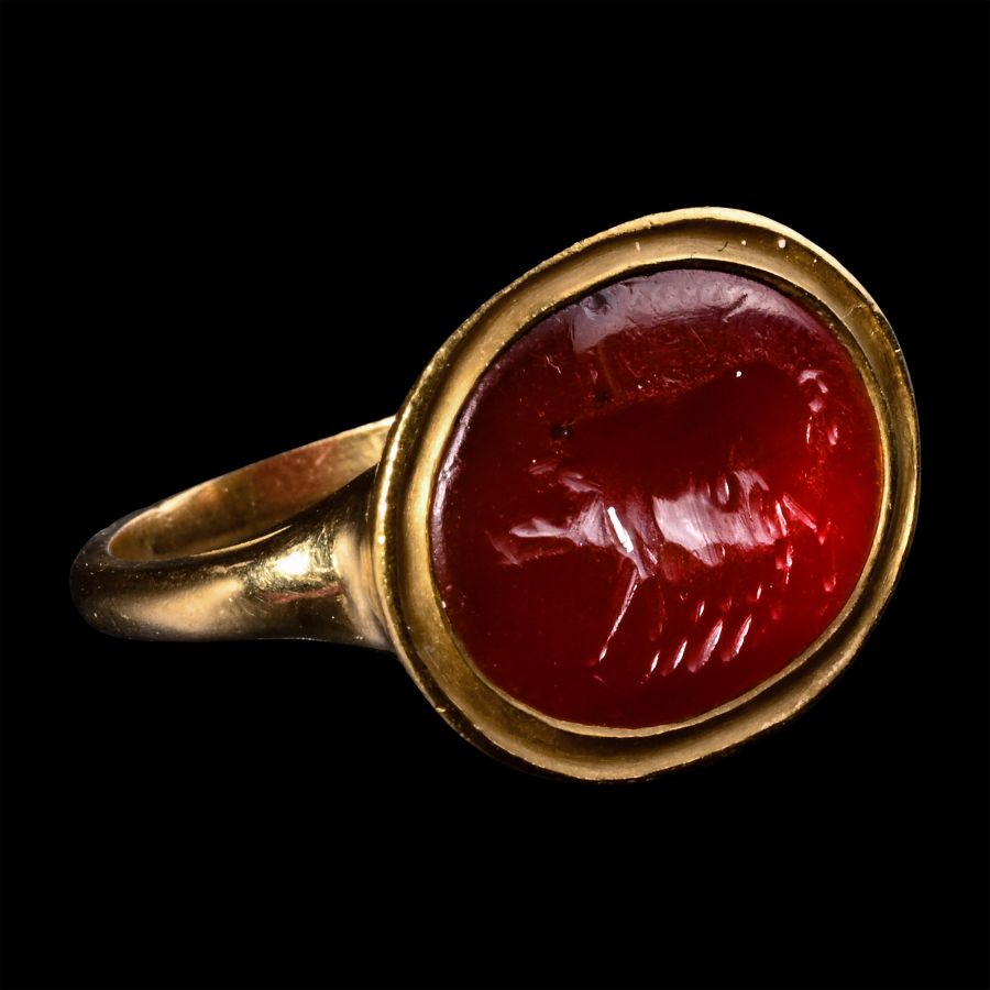 Roman Carnelian Gemstone with a Sow in Gold Ring