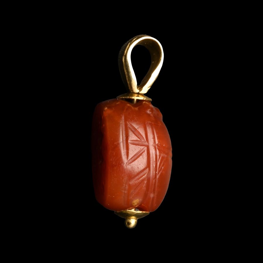 Greek Carnelian Scarab Engraved with Hercules with Later Gold Setting