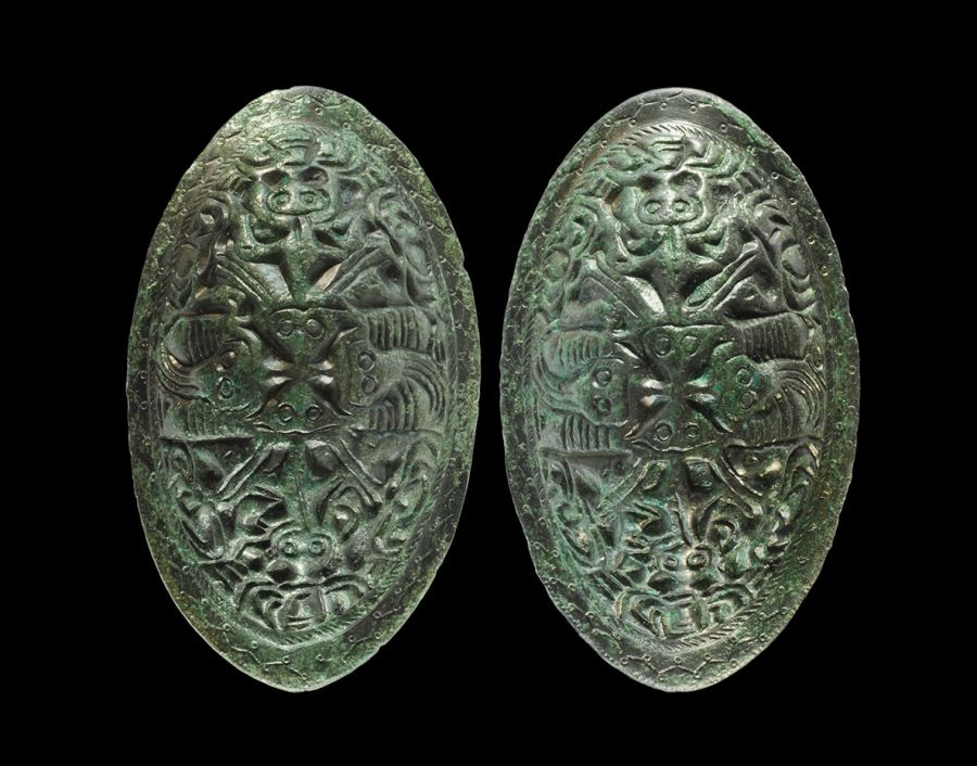 Viking Scandinavian Bronze Facing Masks and Figures Oval Brooch Pair