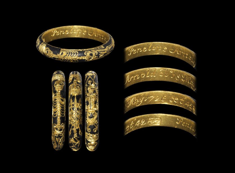 Post Medieval Gold Enamelled Ring with Full Skeleton and Multiple Emblems
