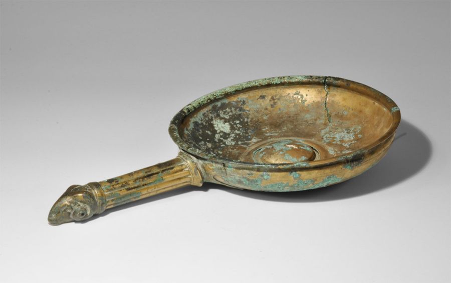 Roman Bronze Patera with Ram's Head Handle