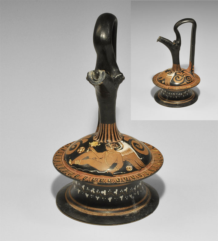 Greek Ceramic Apulian Epichysis with Winged Hermaphrodite