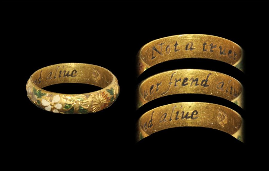 Post Medieval Gold Enamelled  'Not a truer frend aliue' Posy Ring