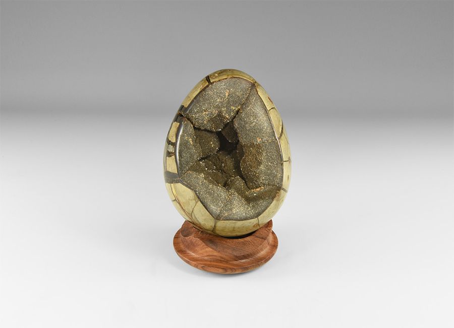 Natural History - Polished Large Septarian Egg with Exposed Crystalline Interior