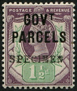 Govt parcels 1 1/2d SG O65s OVPT. 'SPECIMEN' TYPE 9