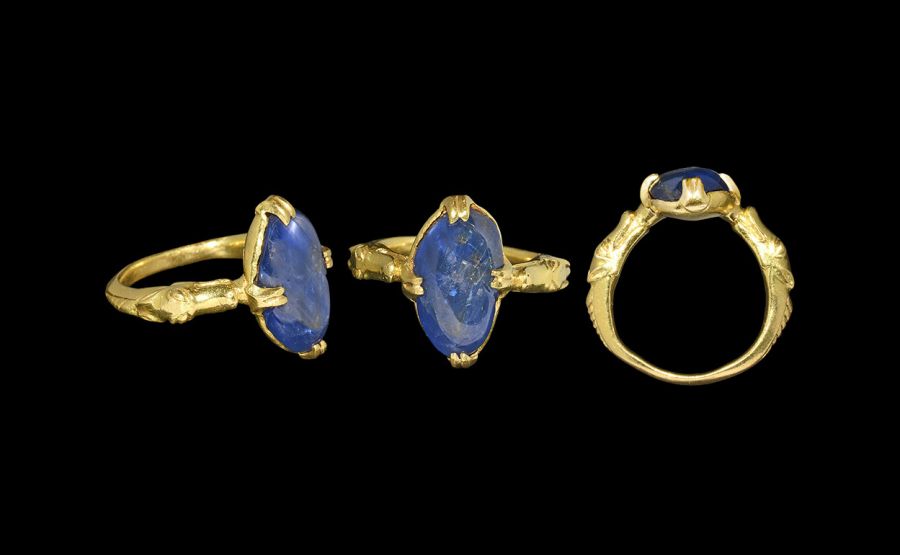 Medieval Gold Ring with Dragons and Sapphire