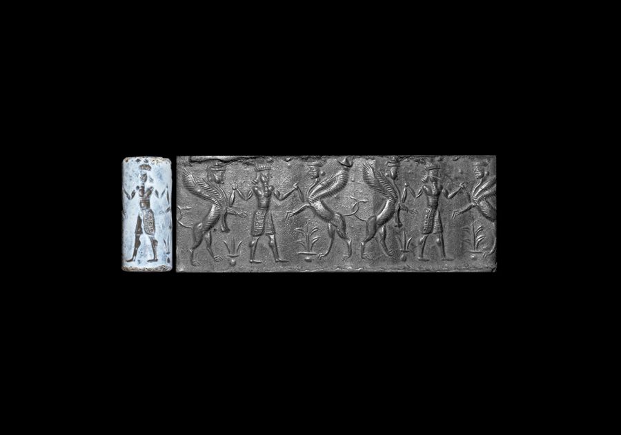 Western Asiatic Assyrian Chalcedony Cylinder Seal with Hero Scene