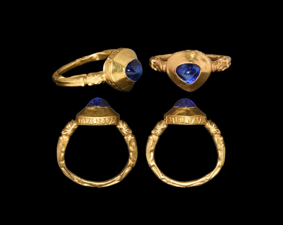 Massive Medieval Gold Inscribed Ring with Sapphire