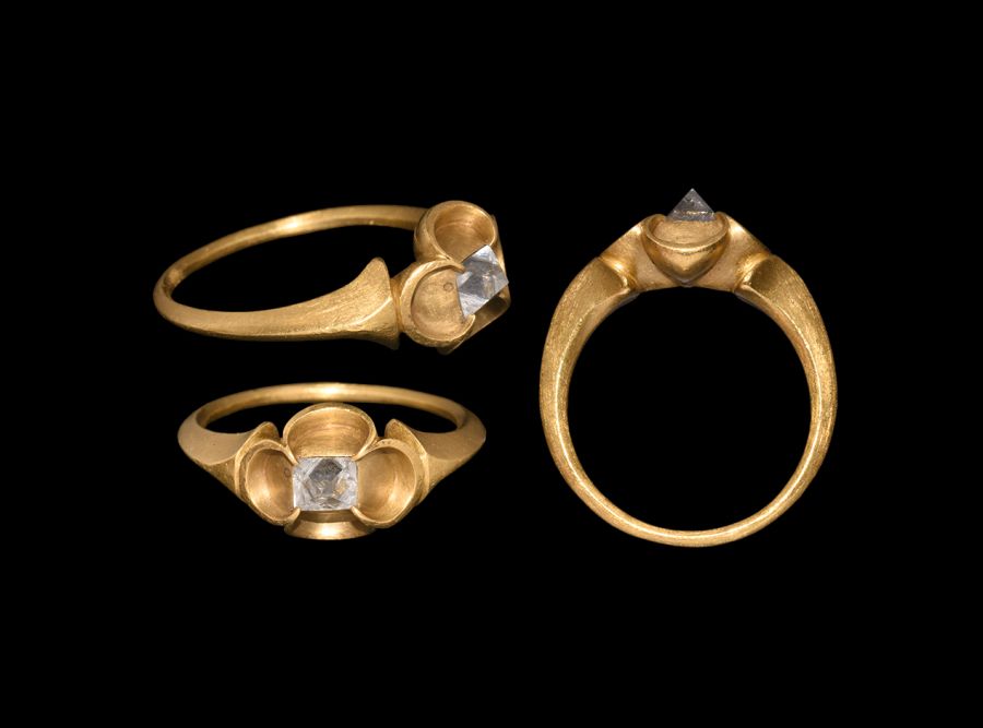 Medieval Gold Ring with Point Cut Solitaire Diamond